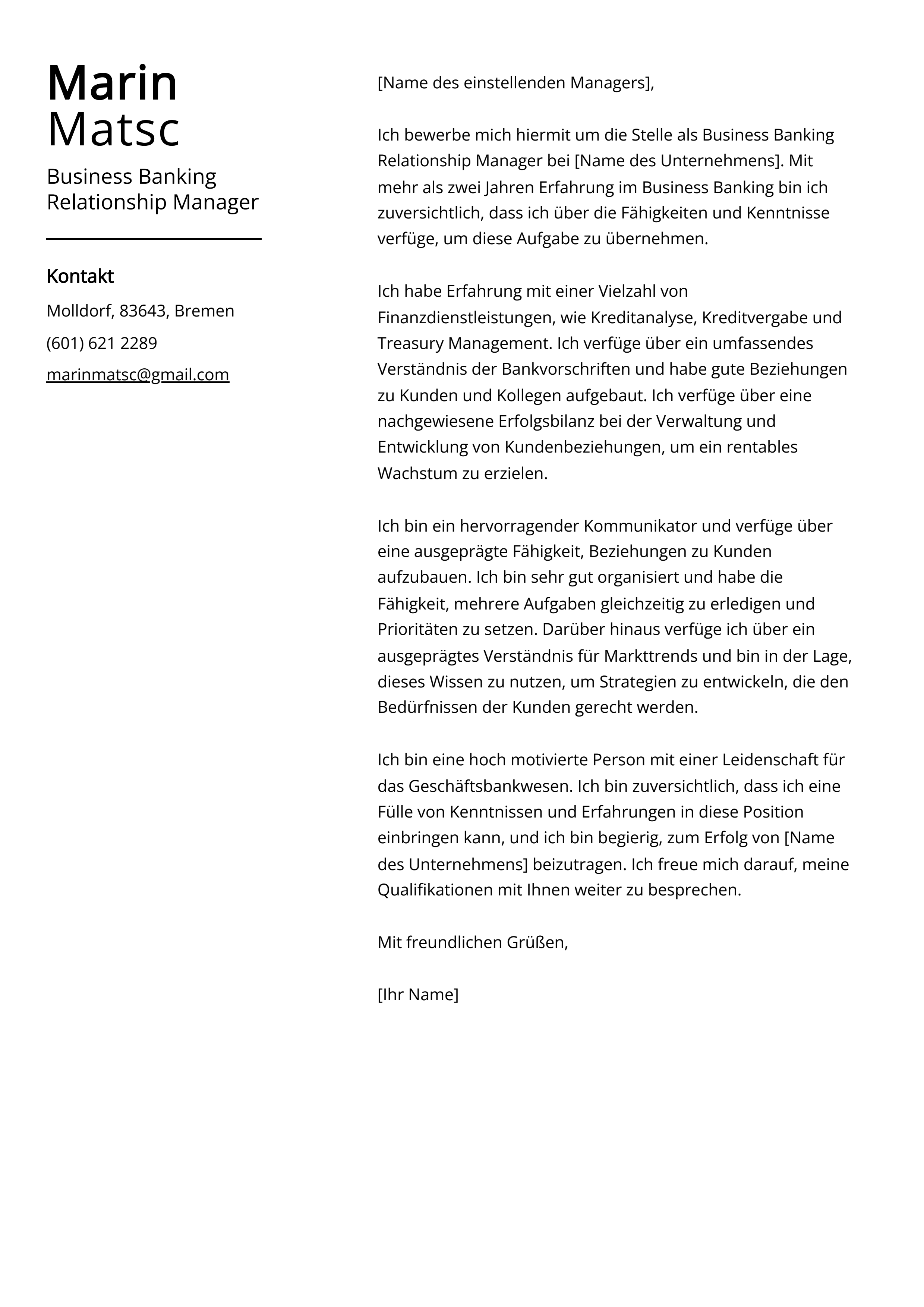 Business Banking Relationship Manager Anschreiben Beispiel