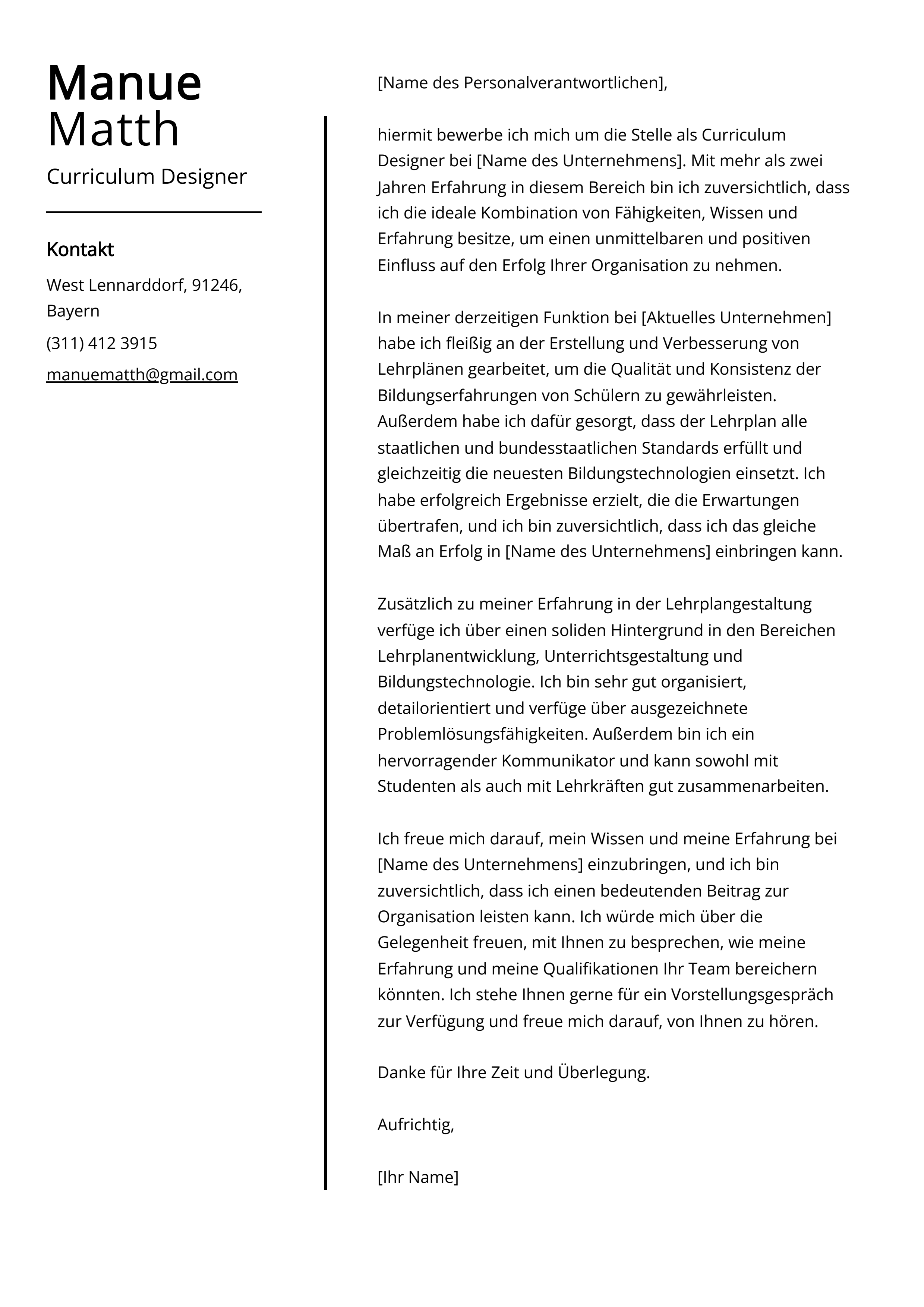 Curriculum Designer Anschreiben Beispiel