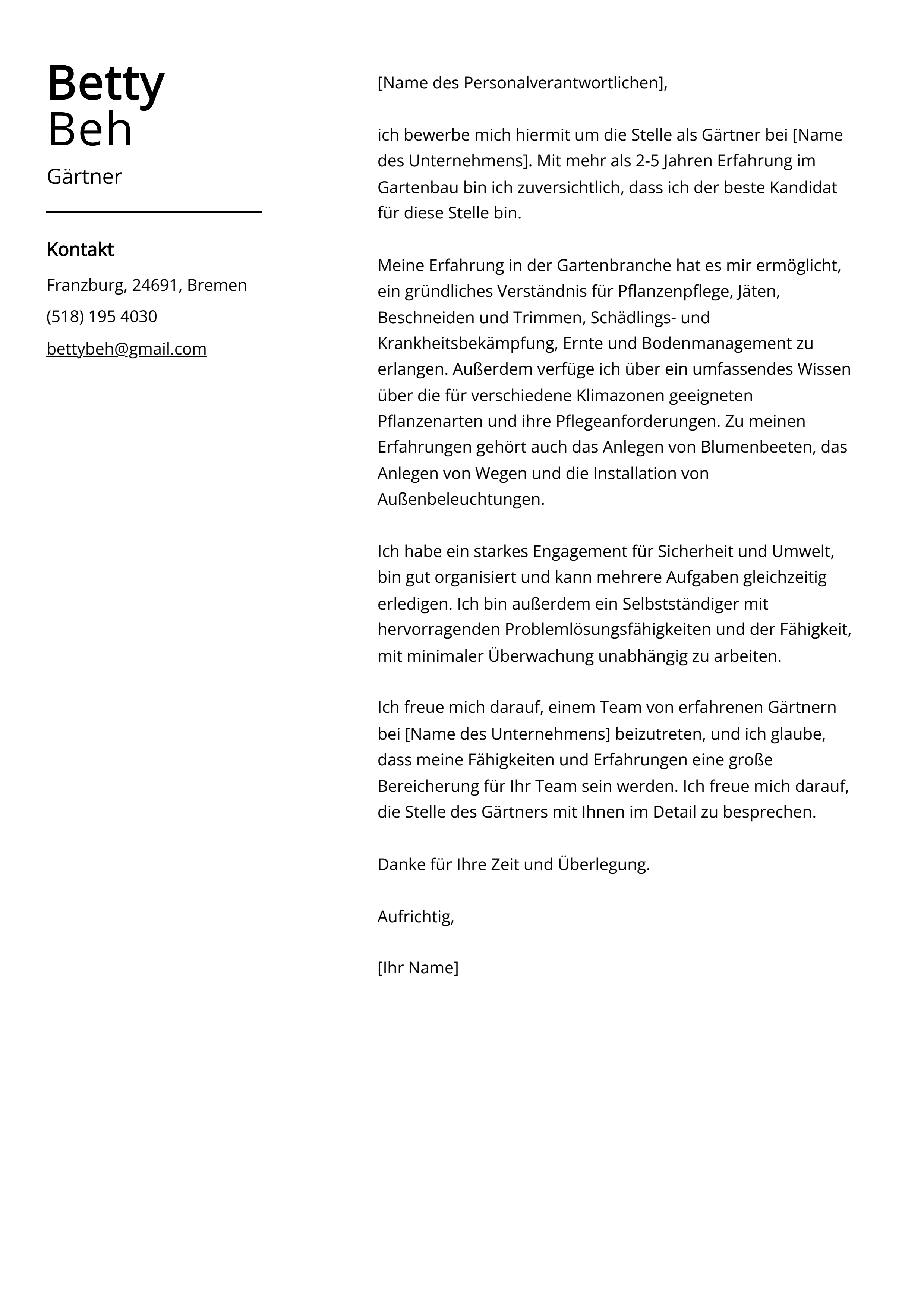 57+ Bewerbungsschreiben Quereinsteiger Gärtner, Bewerbung