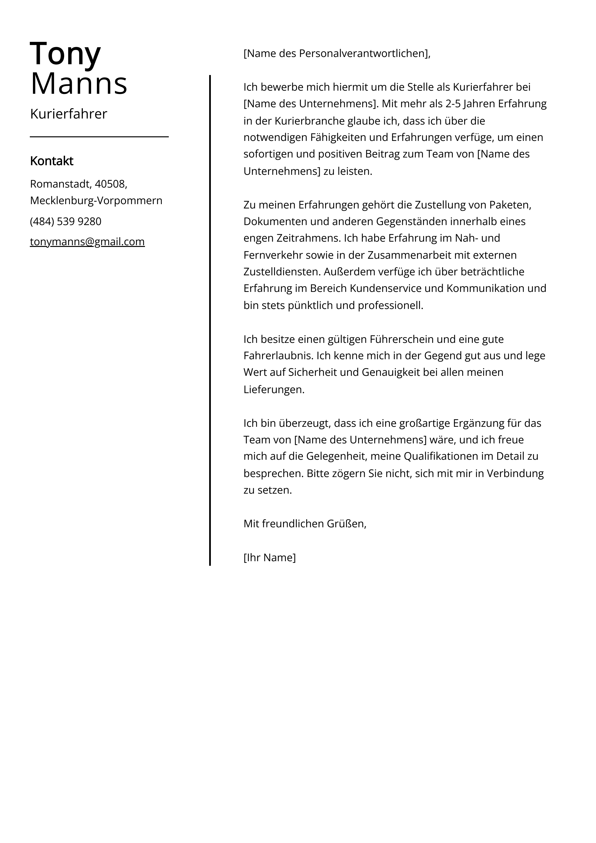 Kurierfahrer Anschreiben Beispiel F r 2024