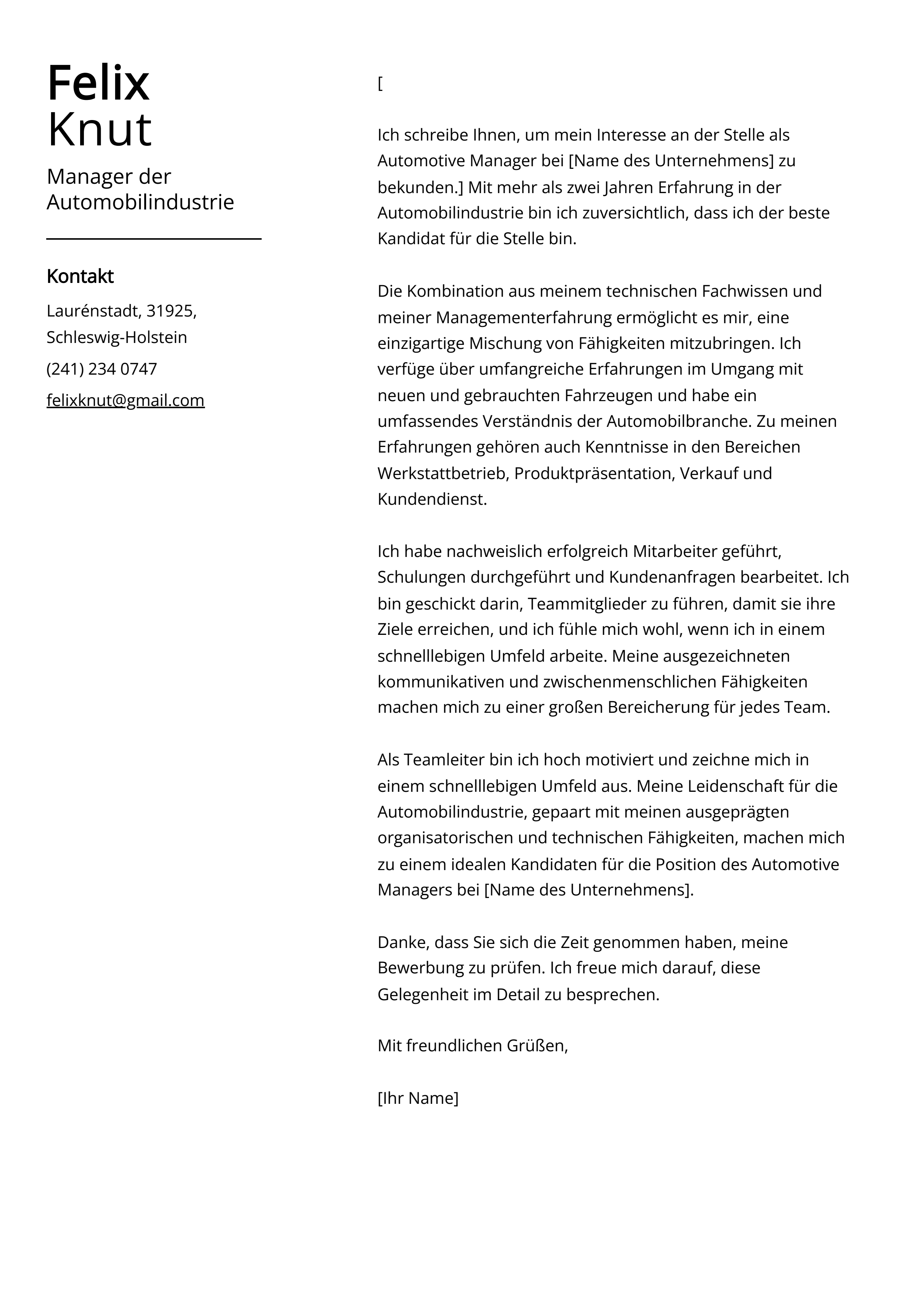 Manager der Automobilindustrie Anschreiben Beispiel