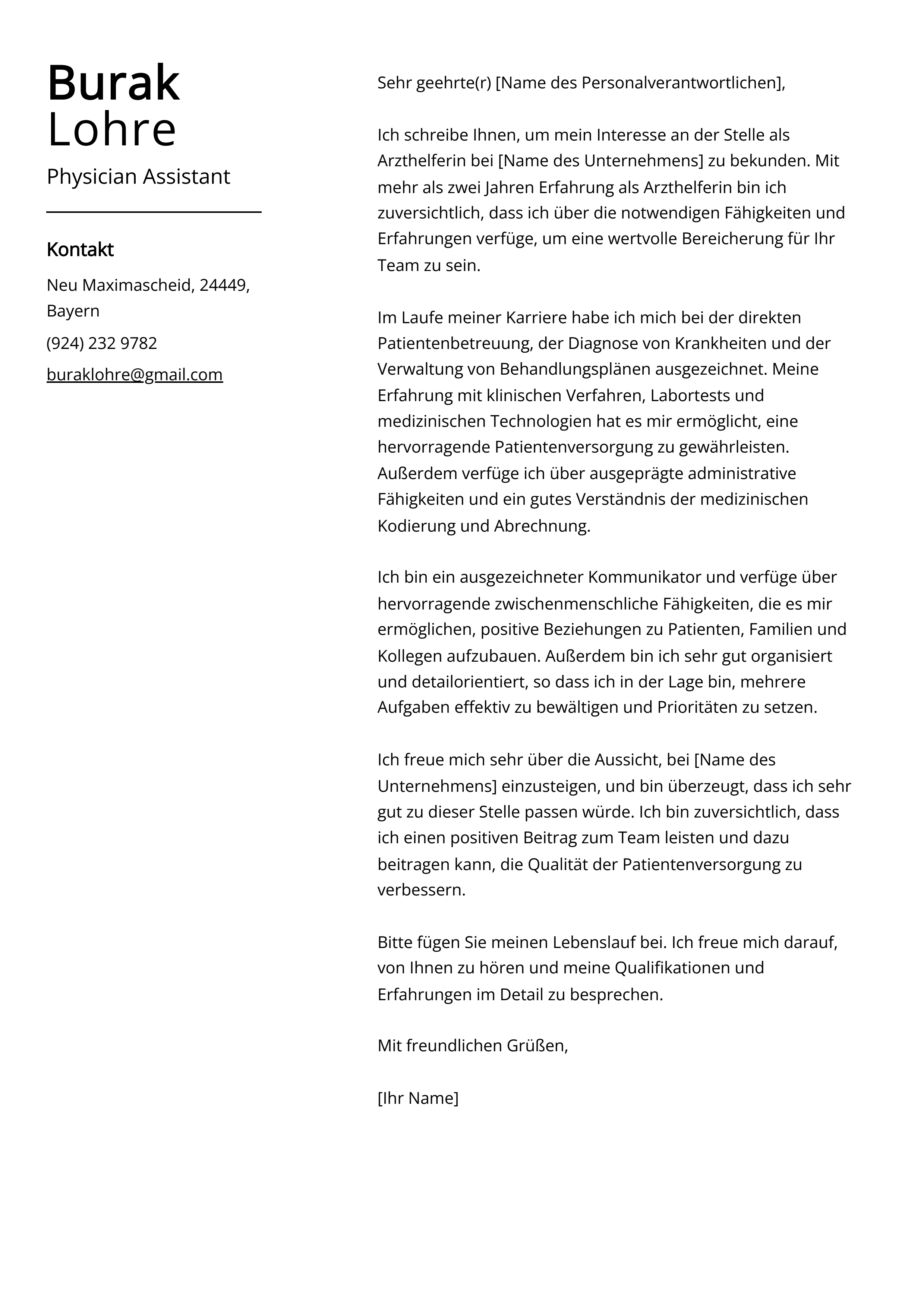 Physician Assistant Anschreiben Beispiel