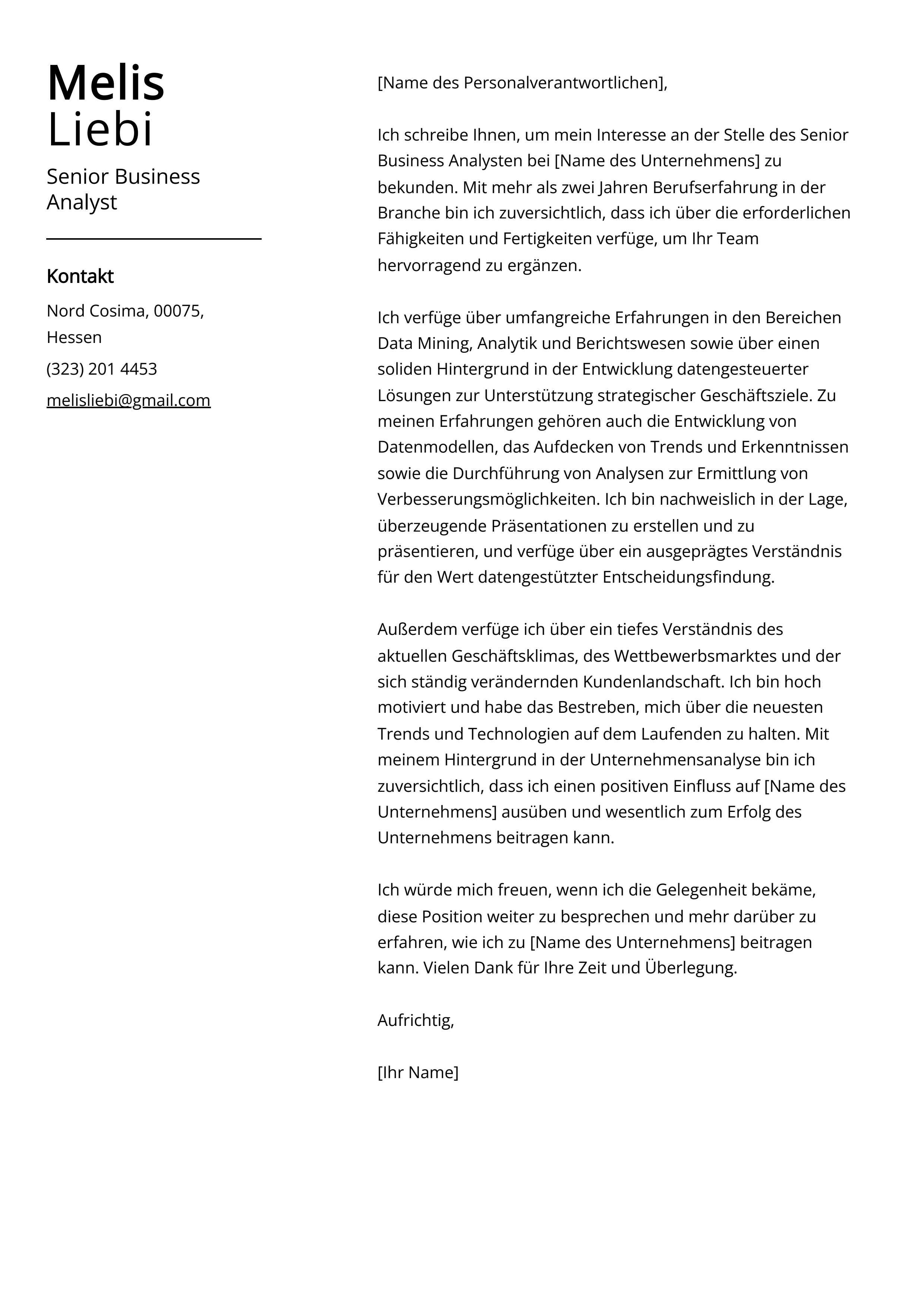 Senior Business Analyst Anschreiben Beispiel