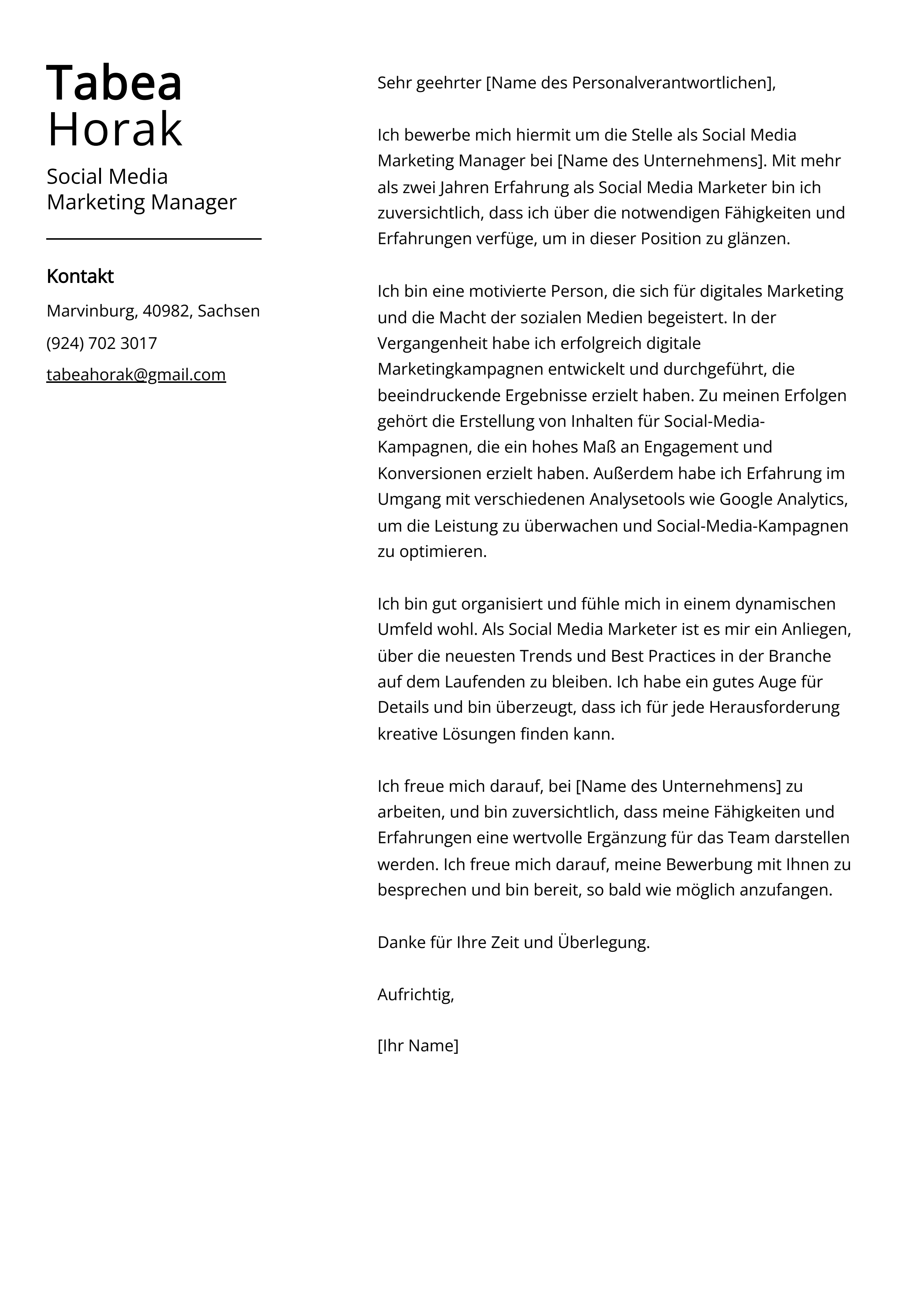 Social Media Marketing Manager Anschreiben Beispiel