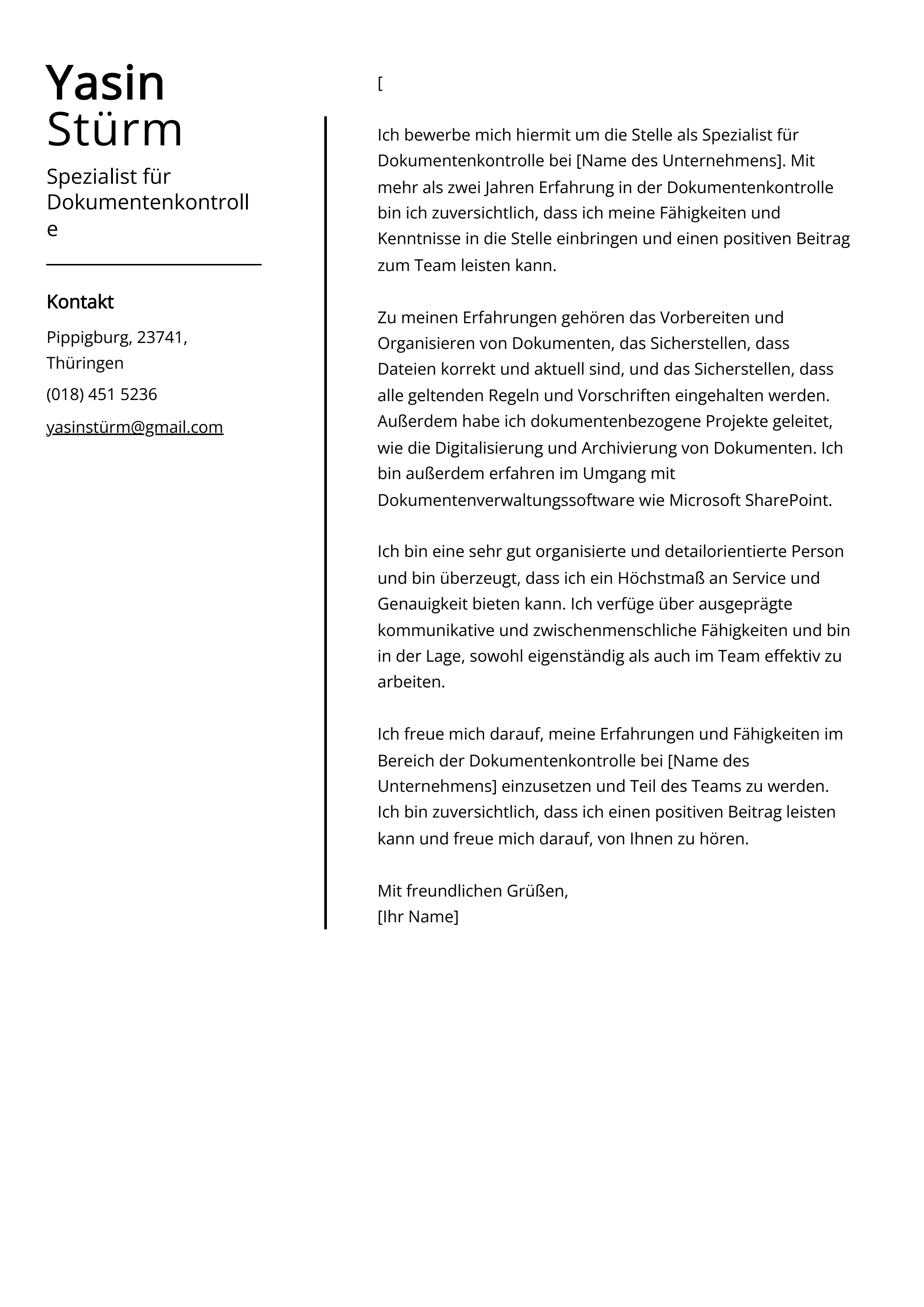 Spezialist für Dokumentenkontrolle Anschreiben Beispiel