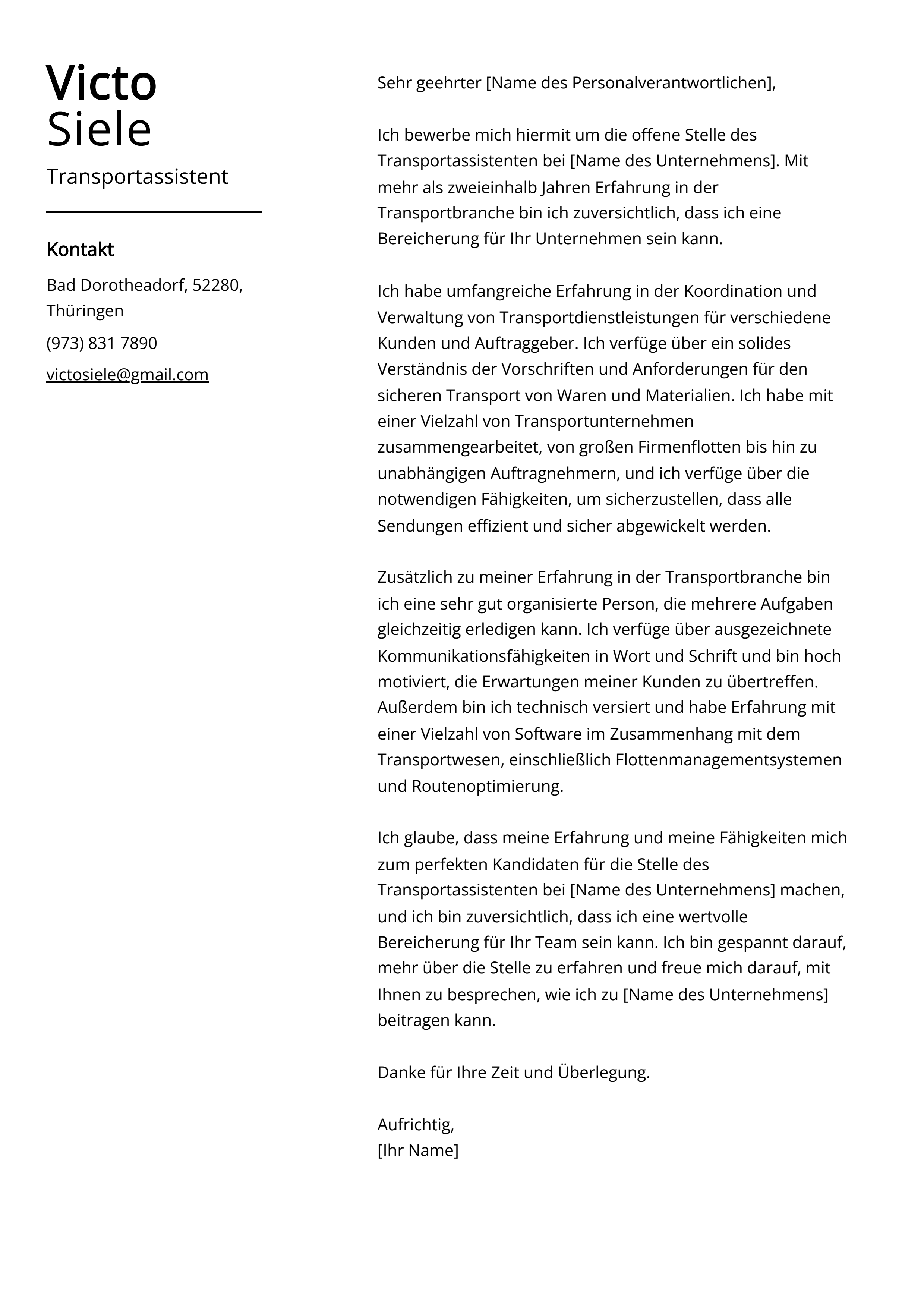 Transportassistent Anschreiben Beispiel