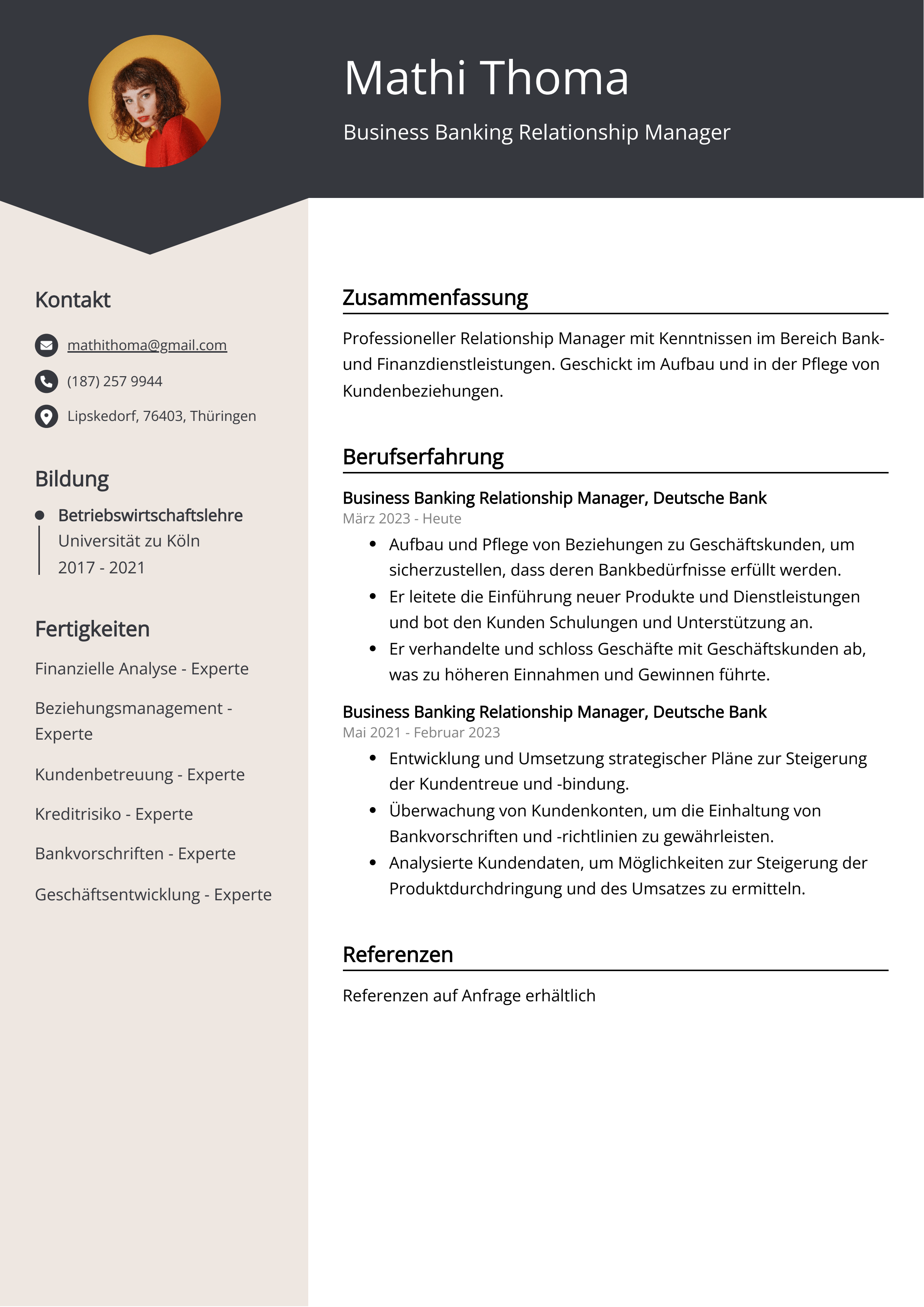 Lebenslauf Beispiel Business Banking Relationship Manager