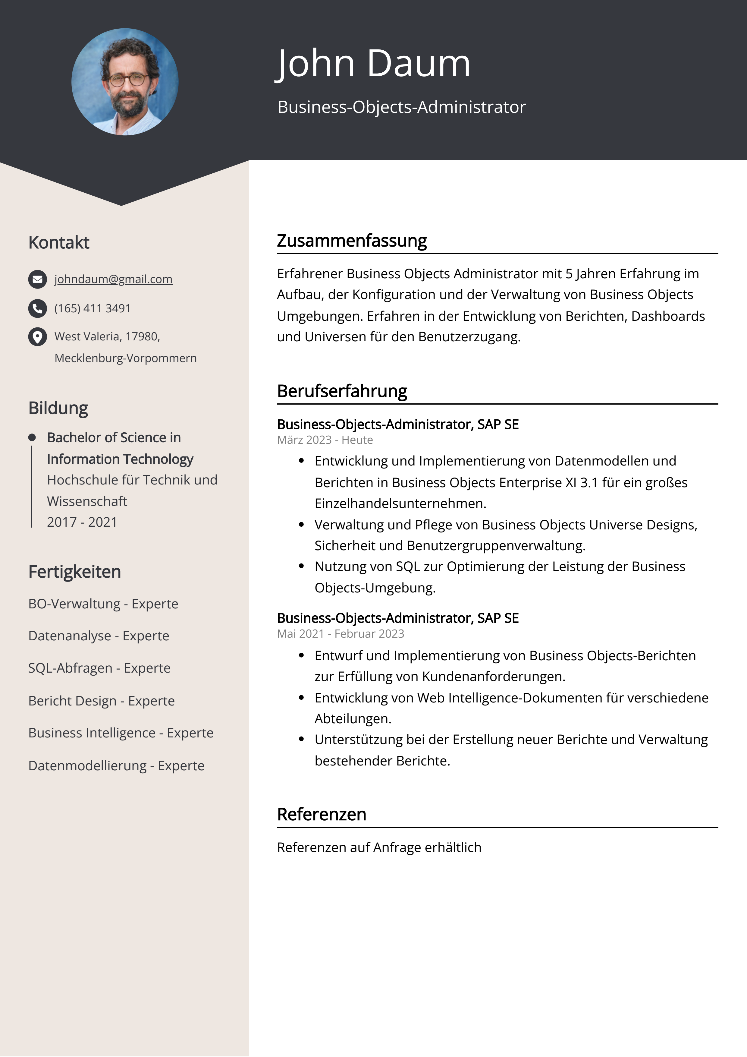 Business-Objects-Administrator Lebenslauf Beispiel