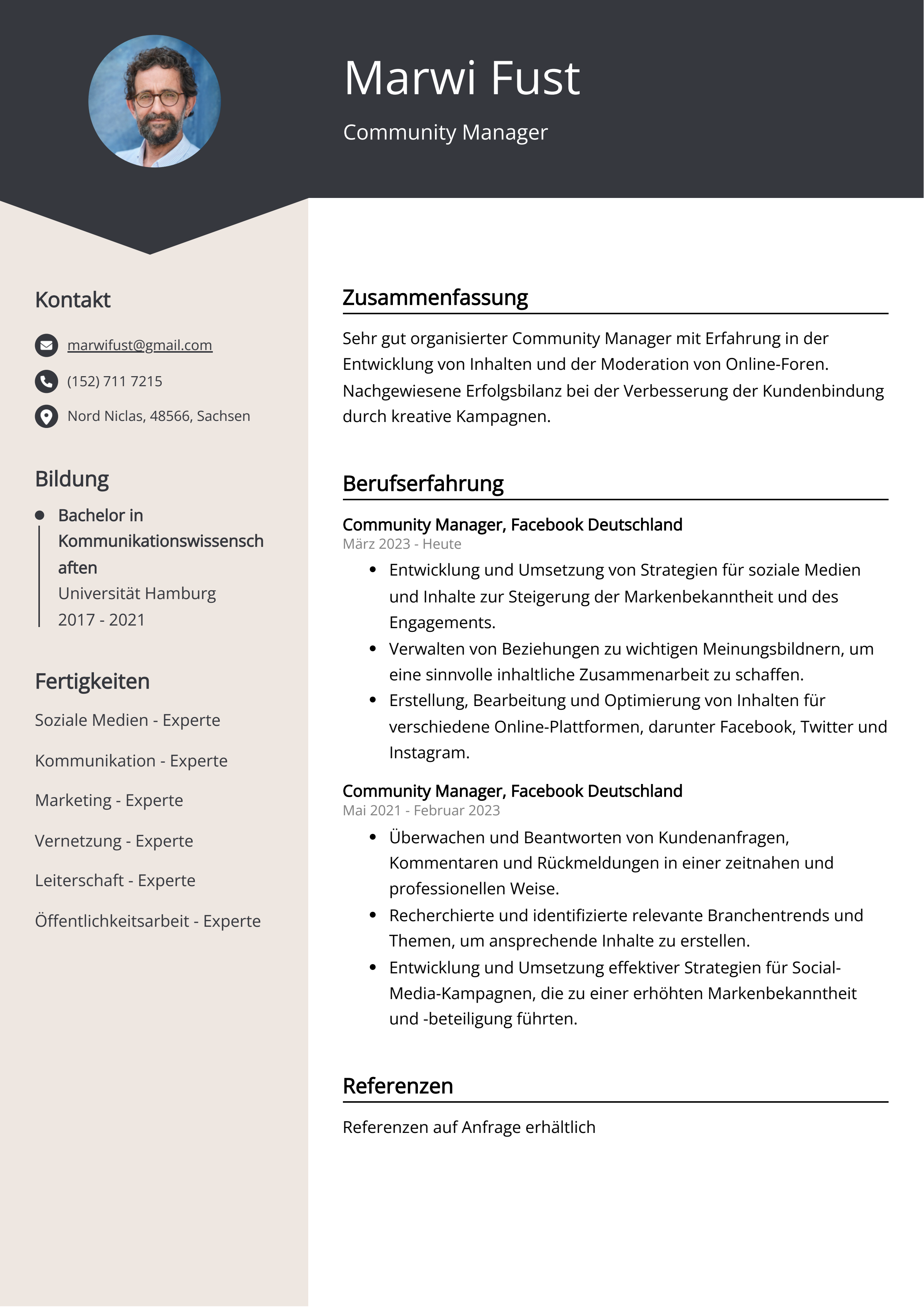 Lebenslauf Beispiel Community Manager