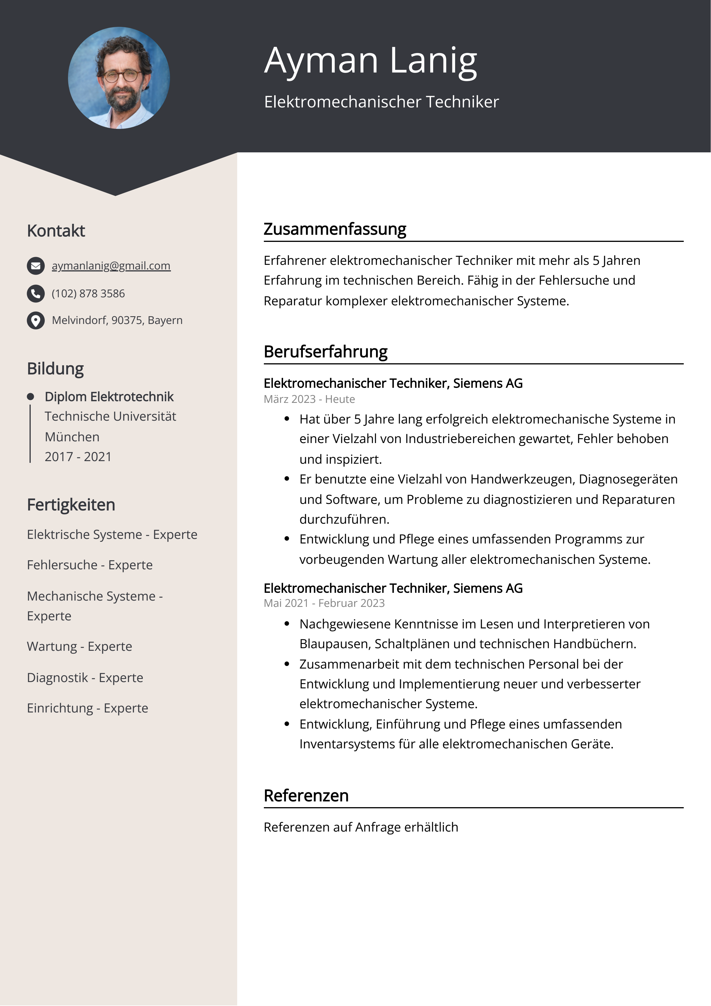 Elektromechanischer Techniker Lebenslauf Beispiel