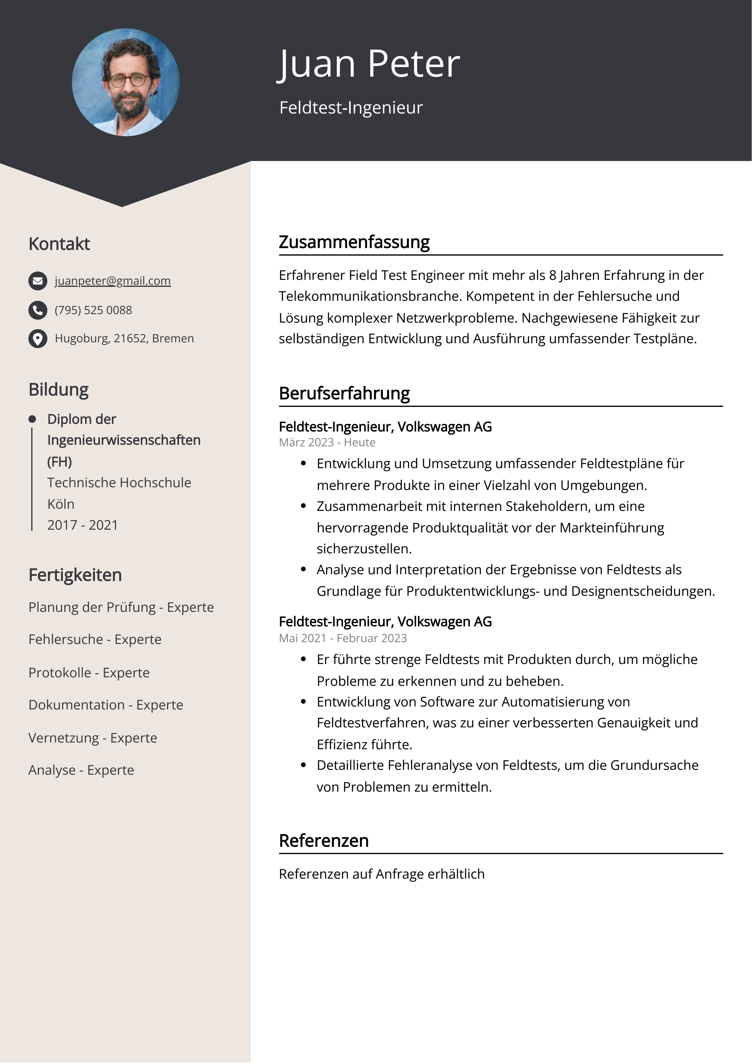 Feldtest-Ingenieur Lebenslauf Beispiel