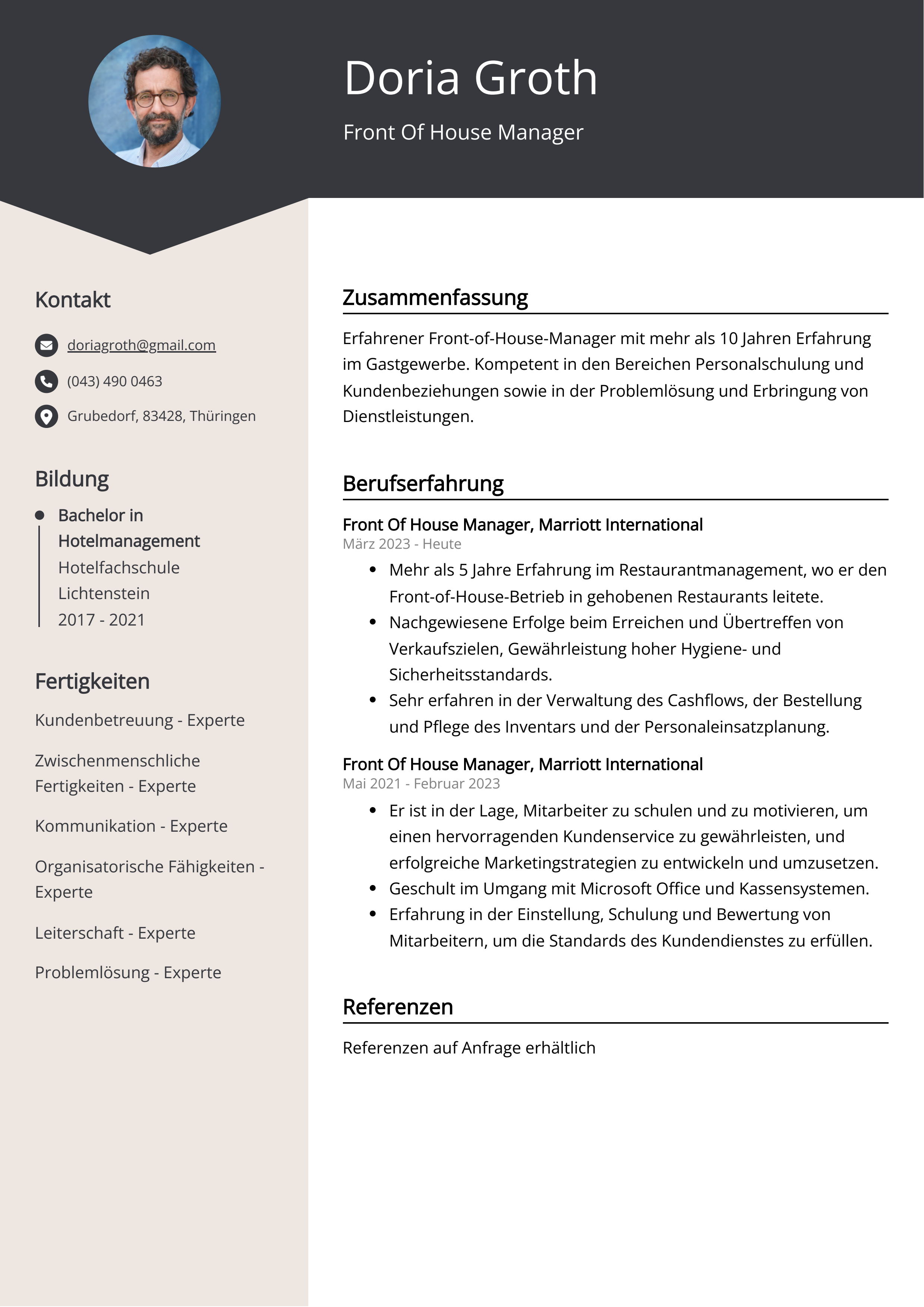 Lebenslauf Beispiel Front Of House Manager