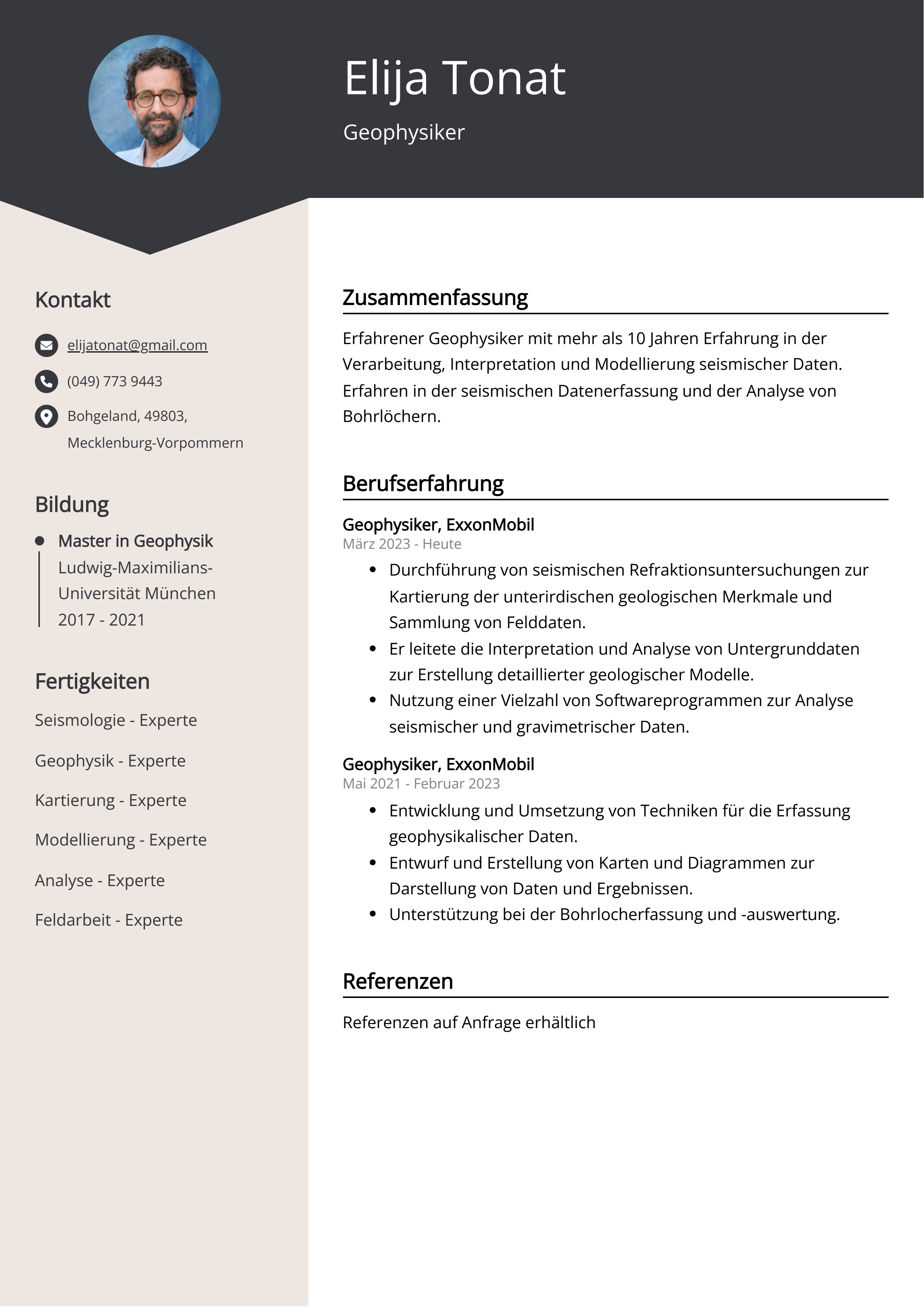 Geophysiker Lebenslauf Beispiel