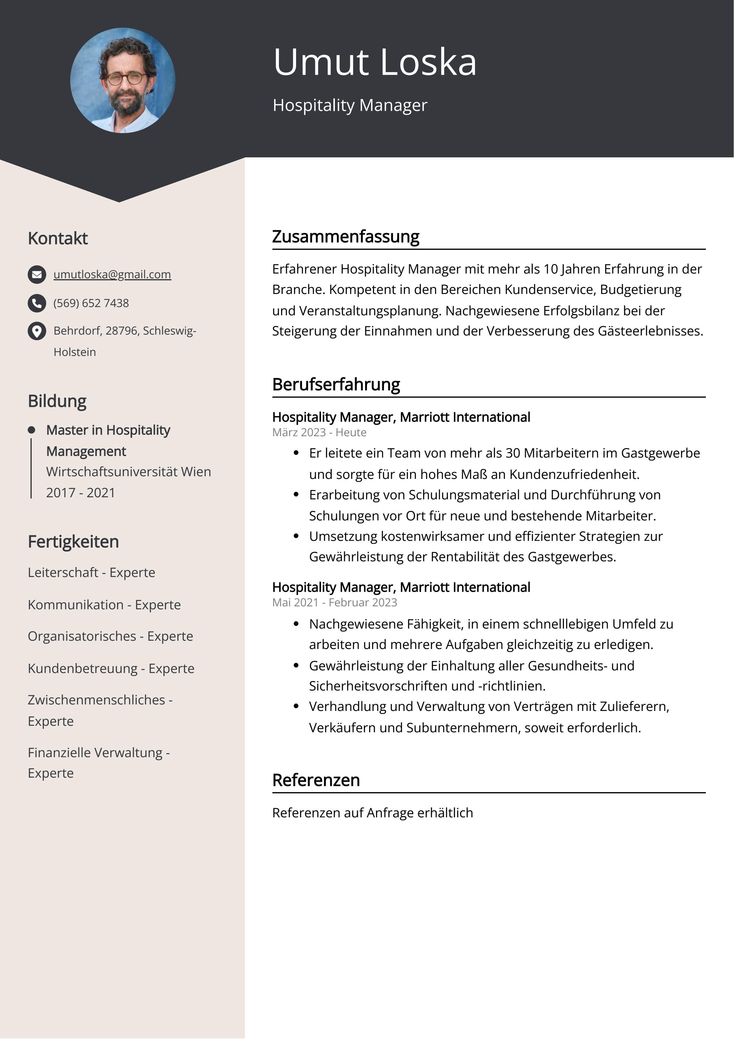 Lebenslauf Beispiel Hospitality Manager