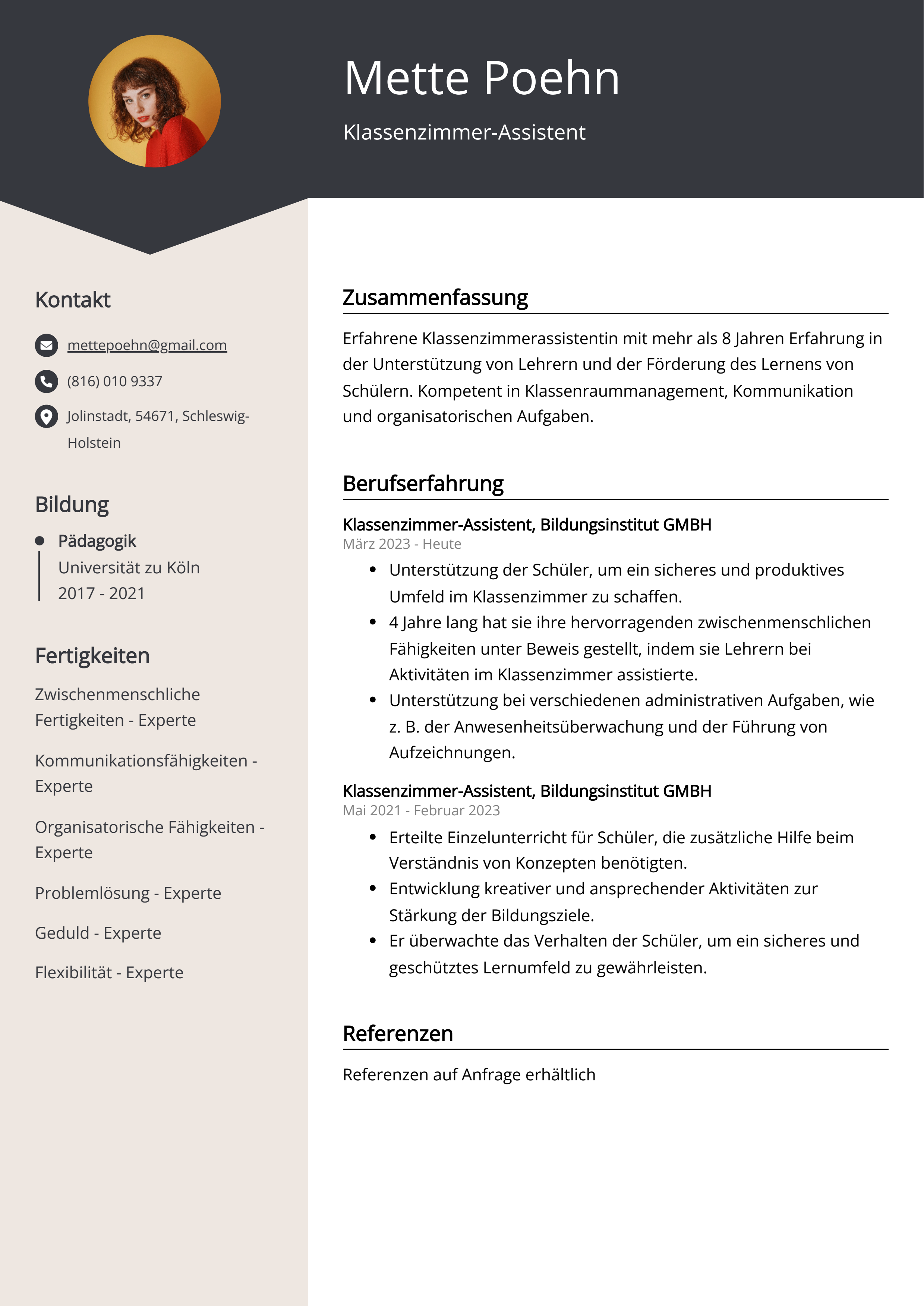 Klassenzimmer-Assistent Lebenslauf Beispiel