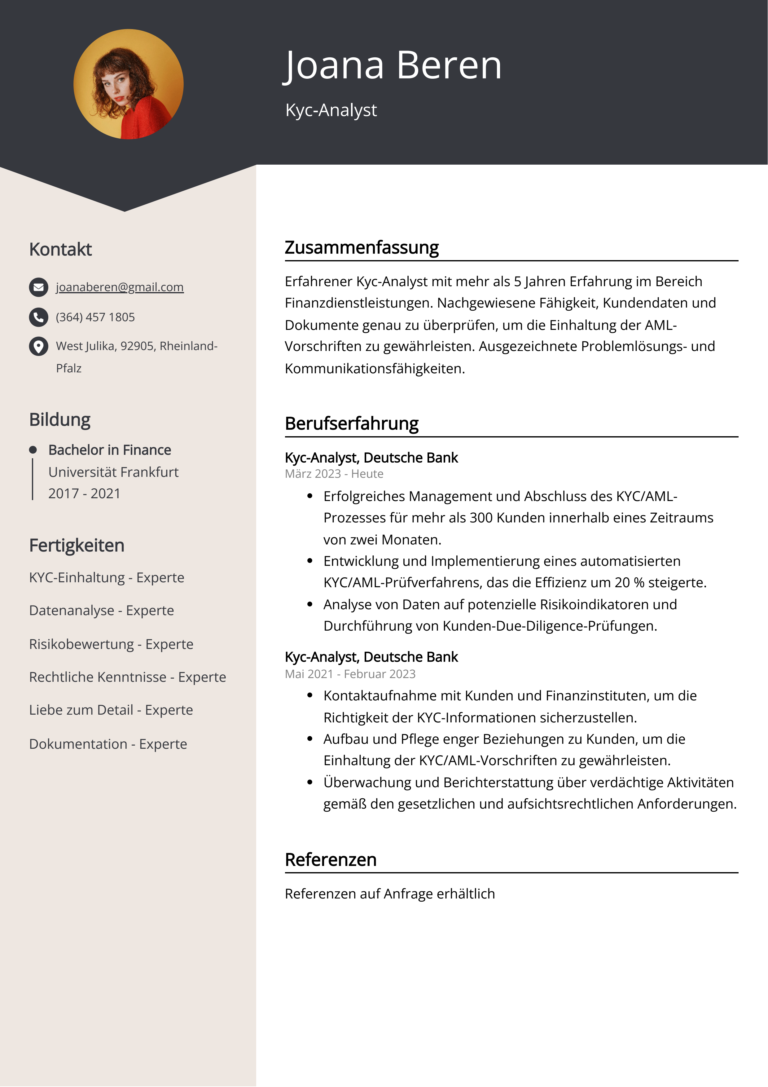 Kyc-Analyst Lebenslauf Beispiel