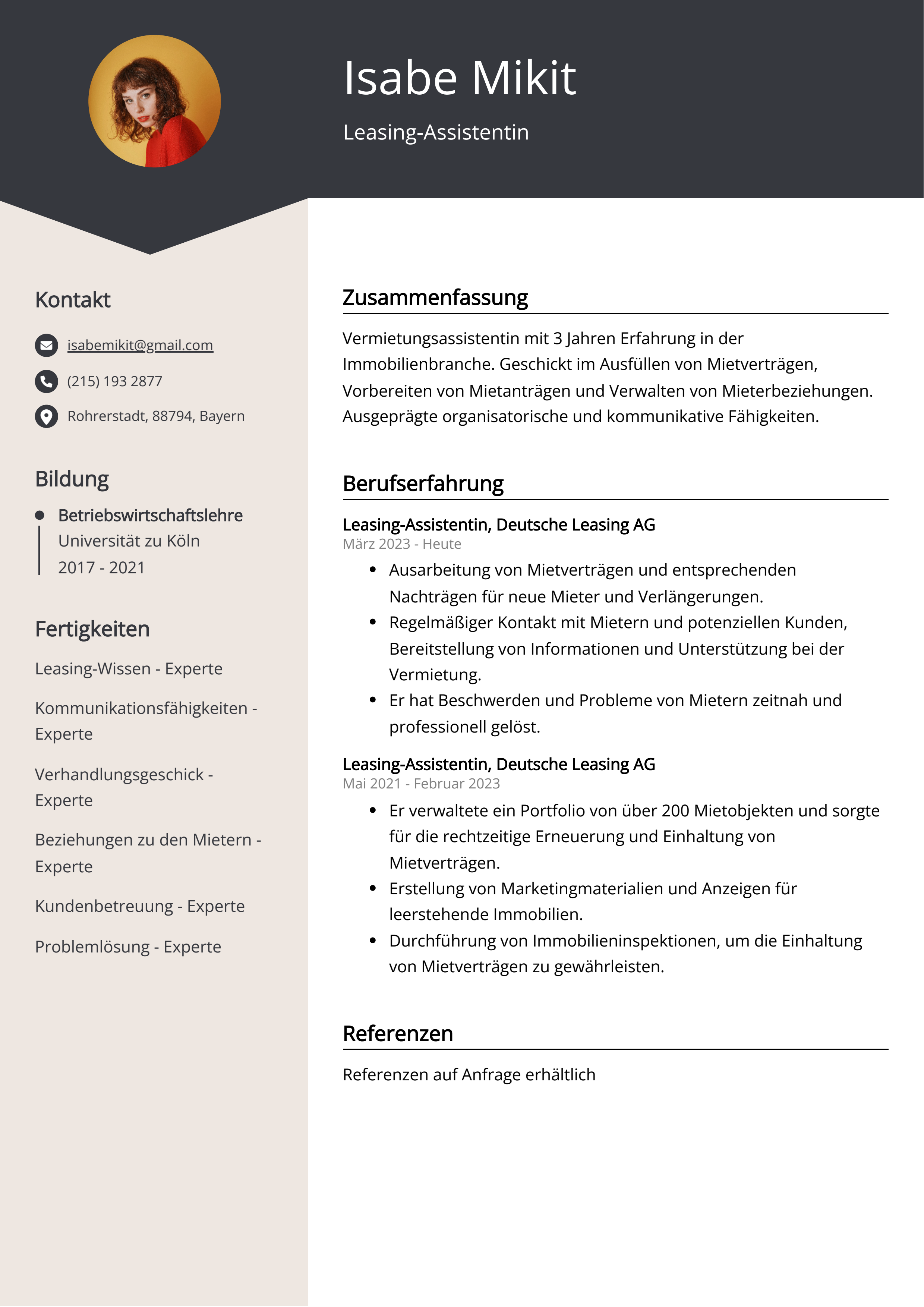 Leasing-Assistentin Lebenslauf Beispiel