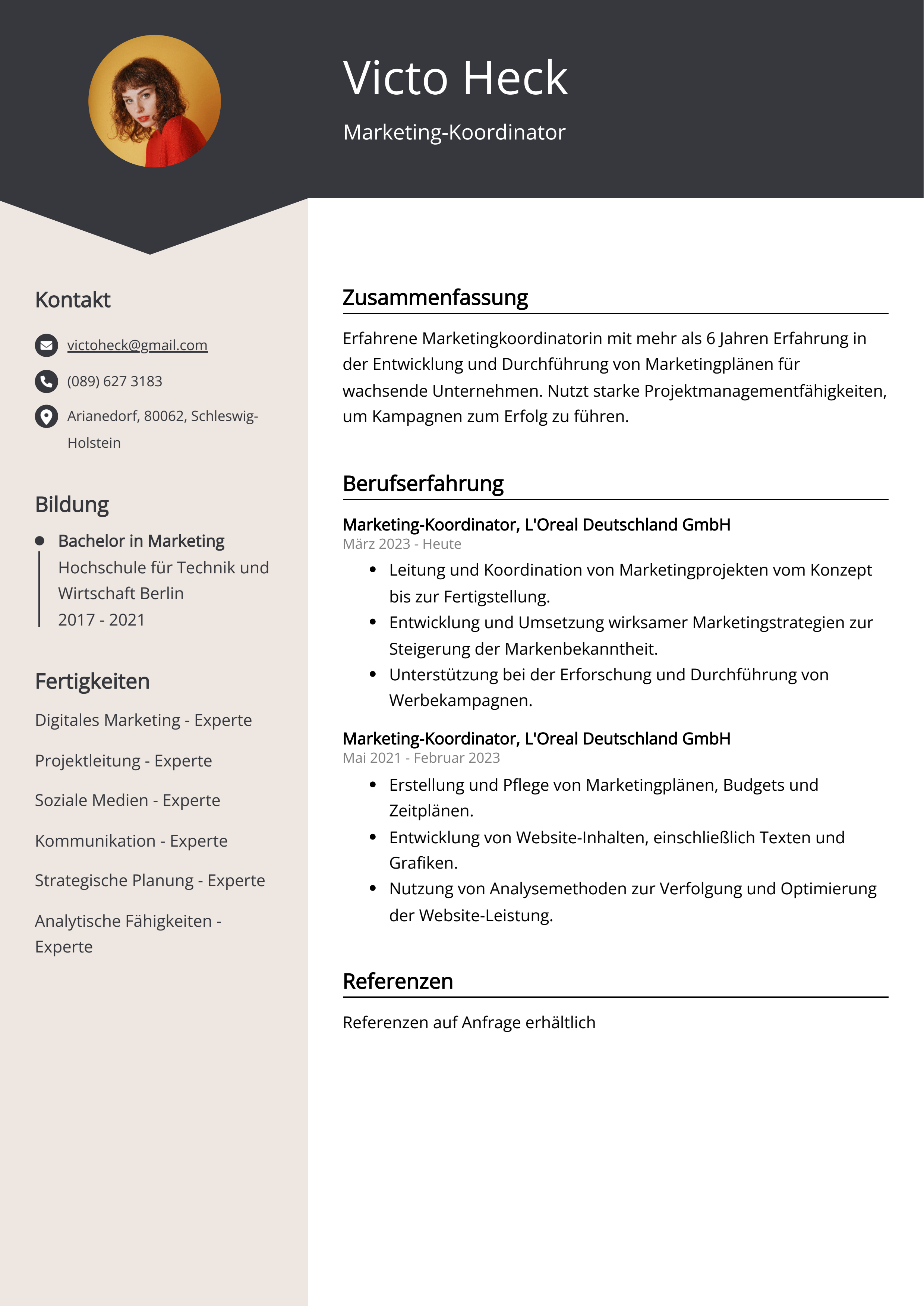 Marketing-Koordinator Lebenslauf Beispiel