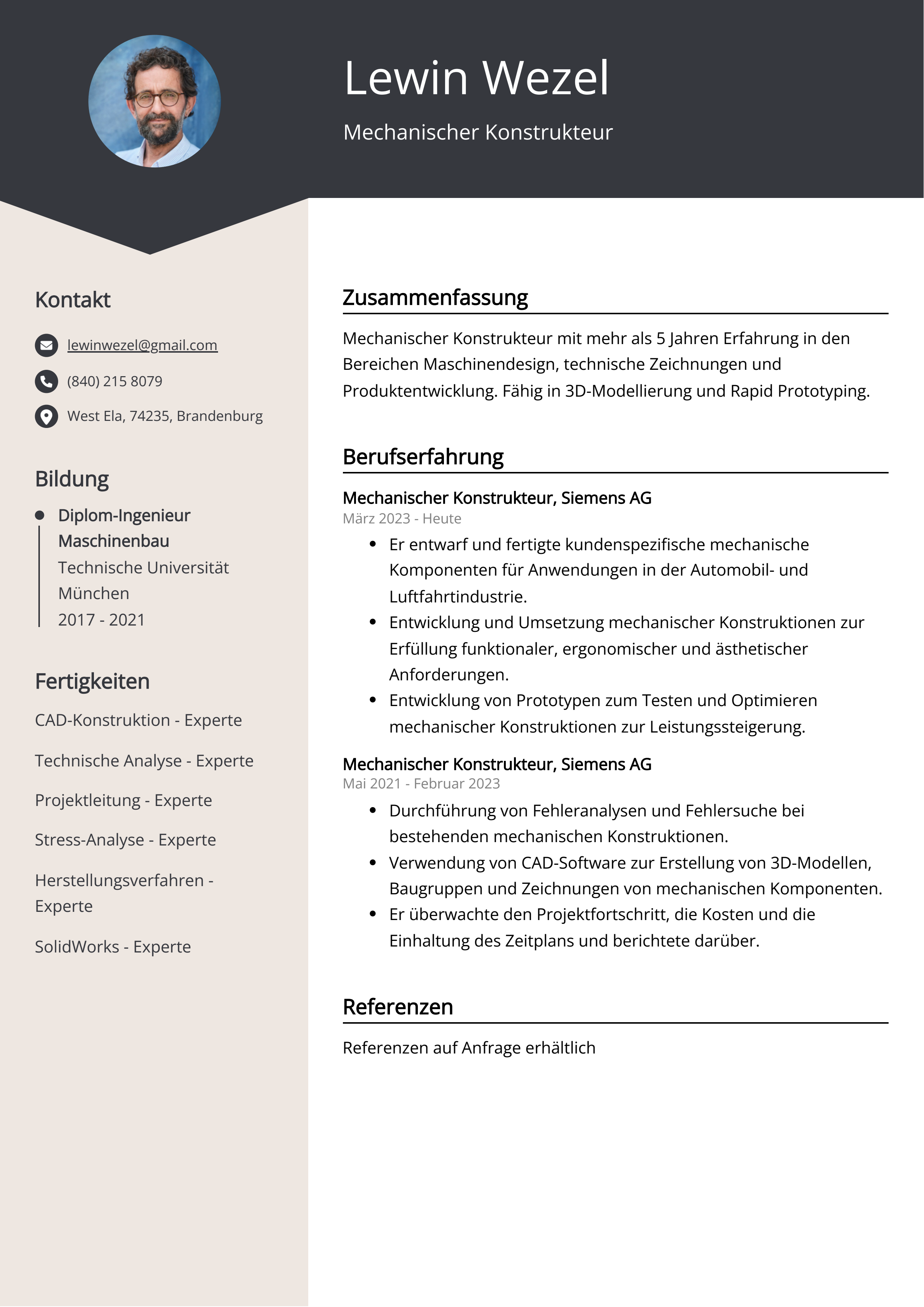 Mechanischer Konstrukteur Lebenslauf Beispiel