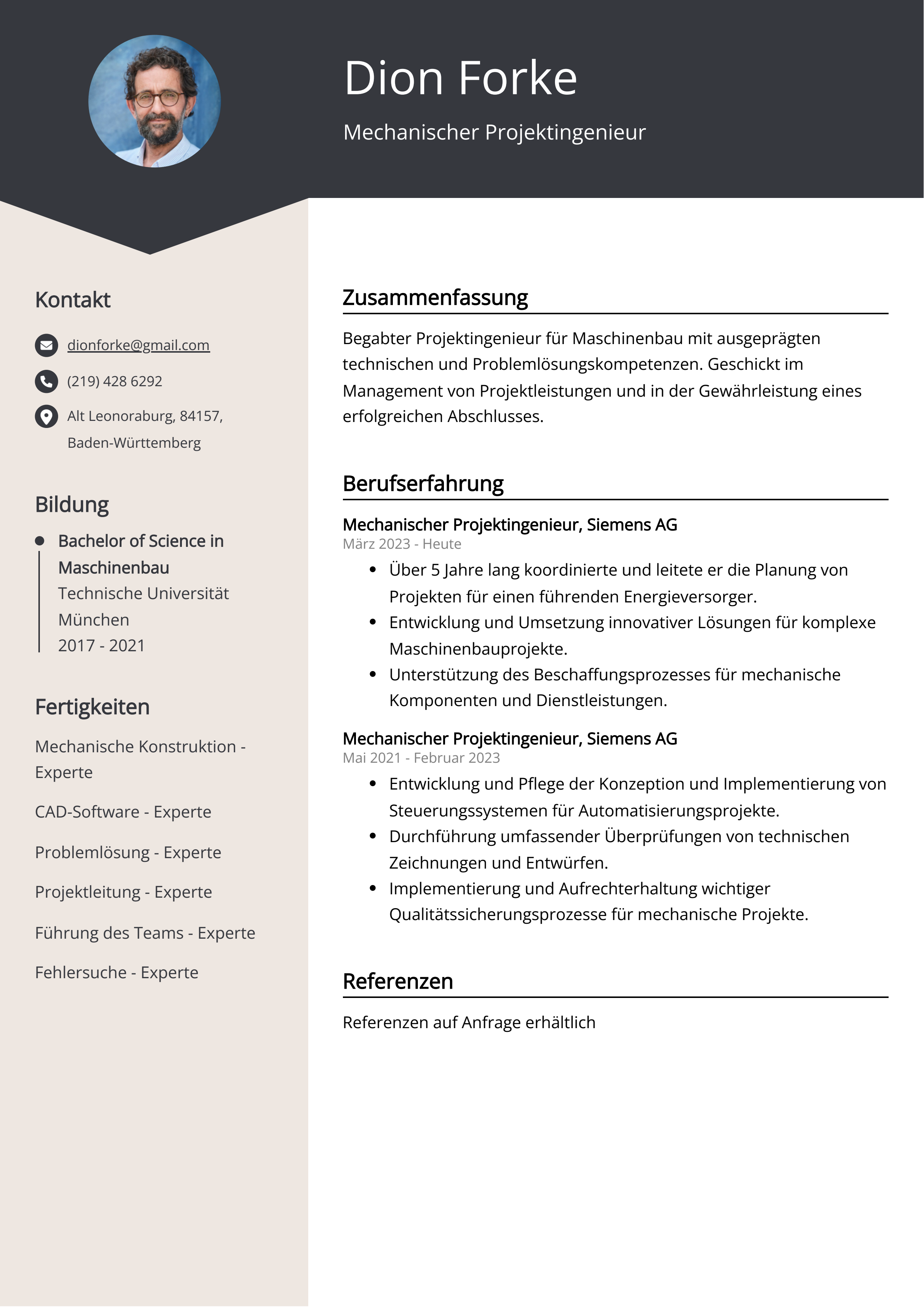 Mechanischer Projektingenieur Lebenslauf Beispiel