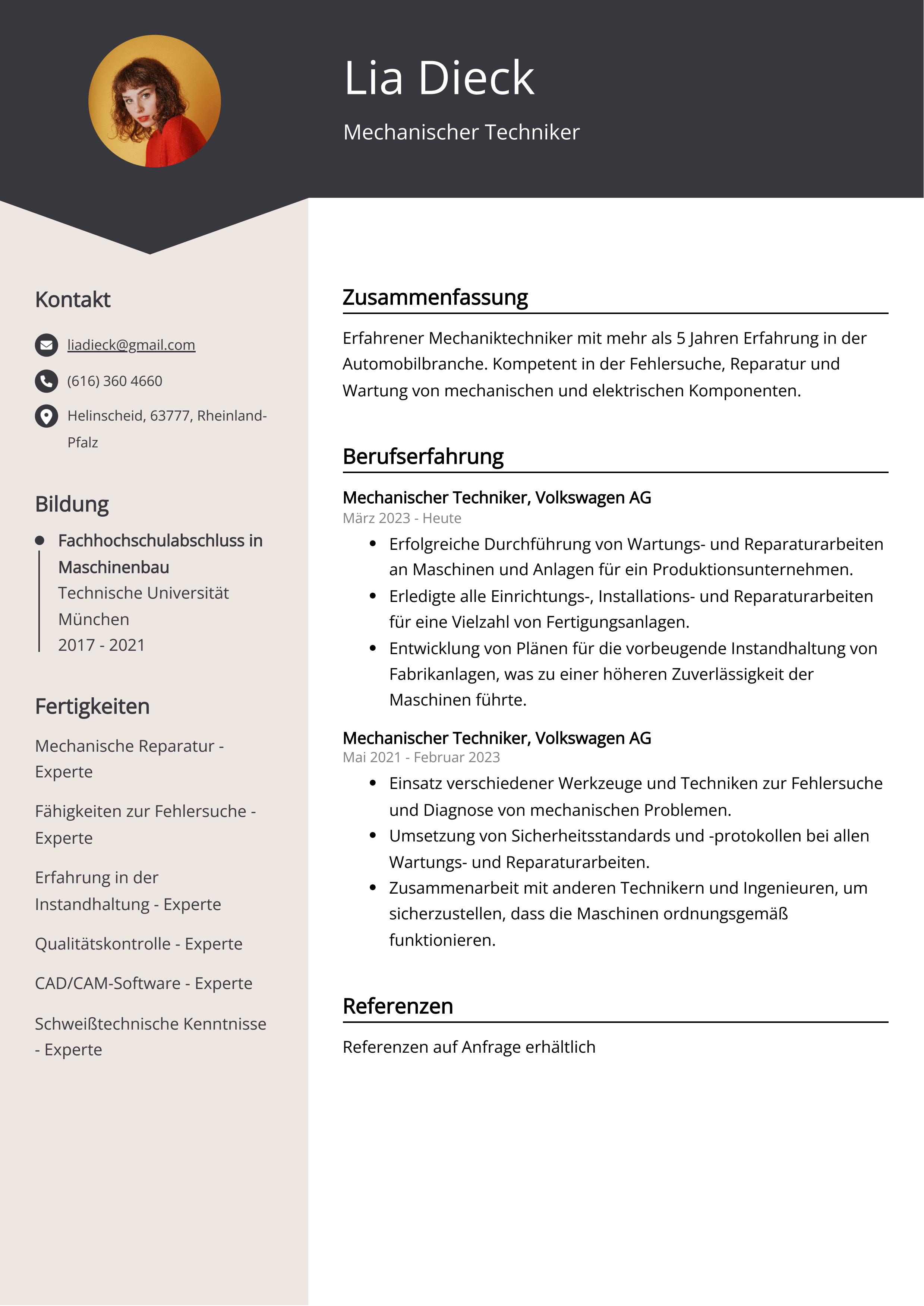 Mechanischer Techniker Lebenslauf Beispiel