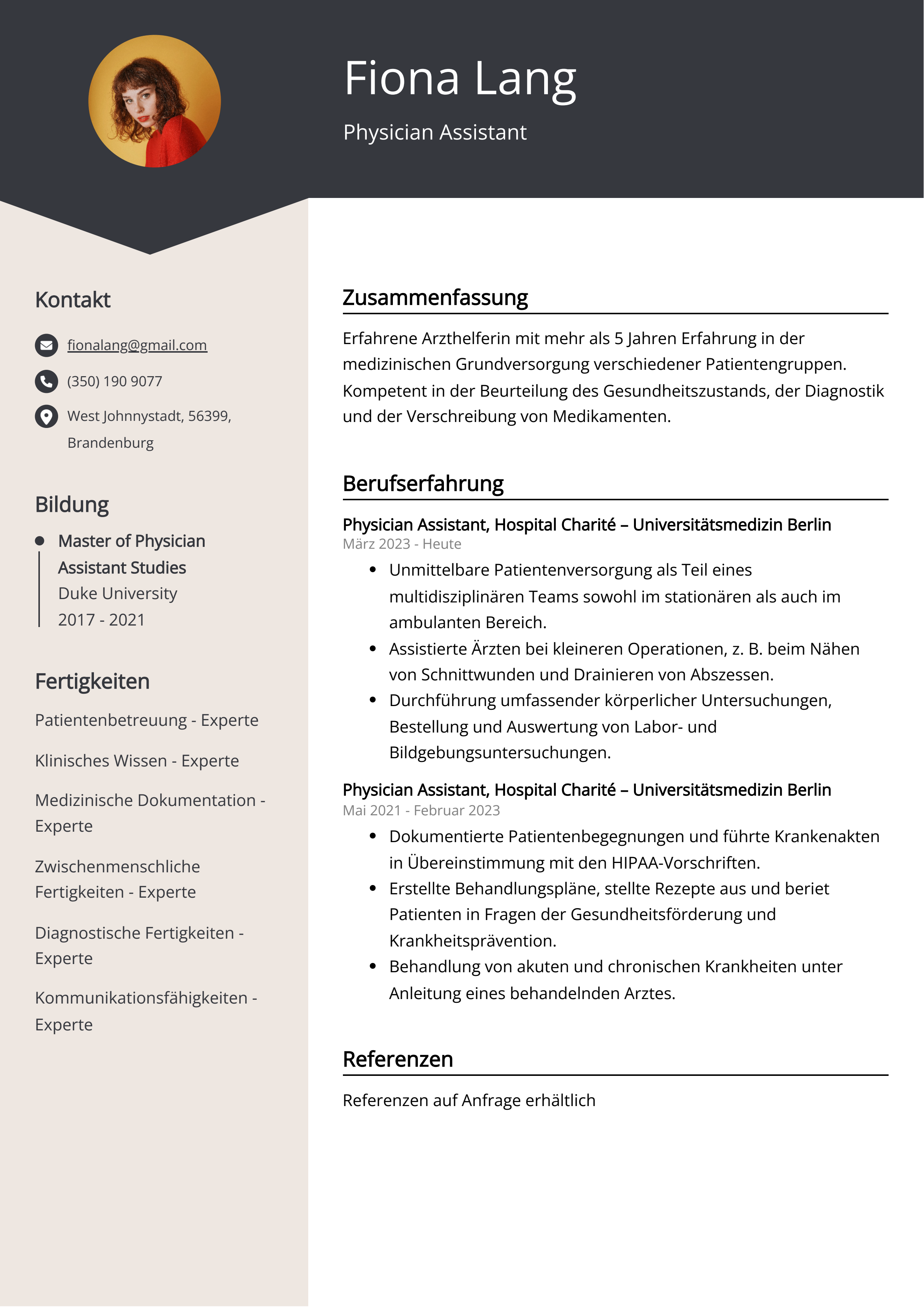 Lebenslauf Beispiel Physician Assistant