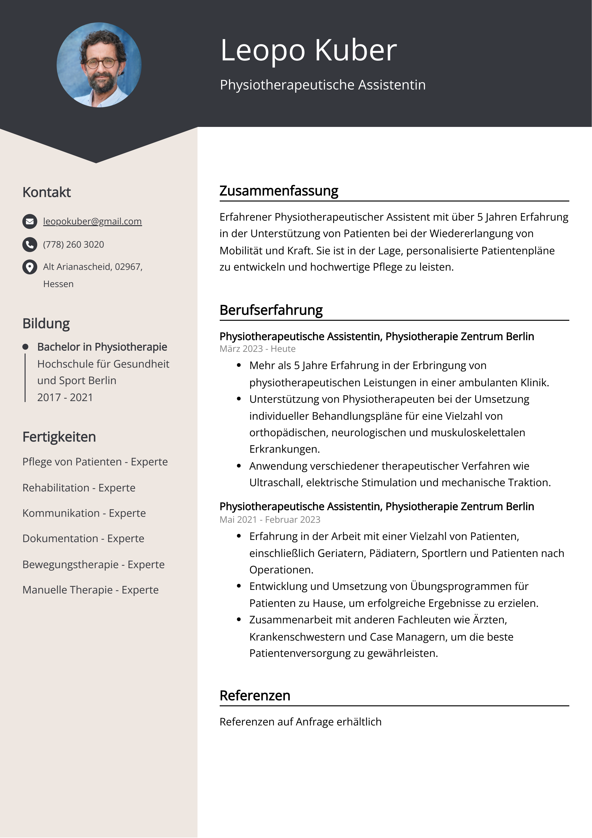 Physiotherapeutische Assistentin Lebenslauf Beispiel