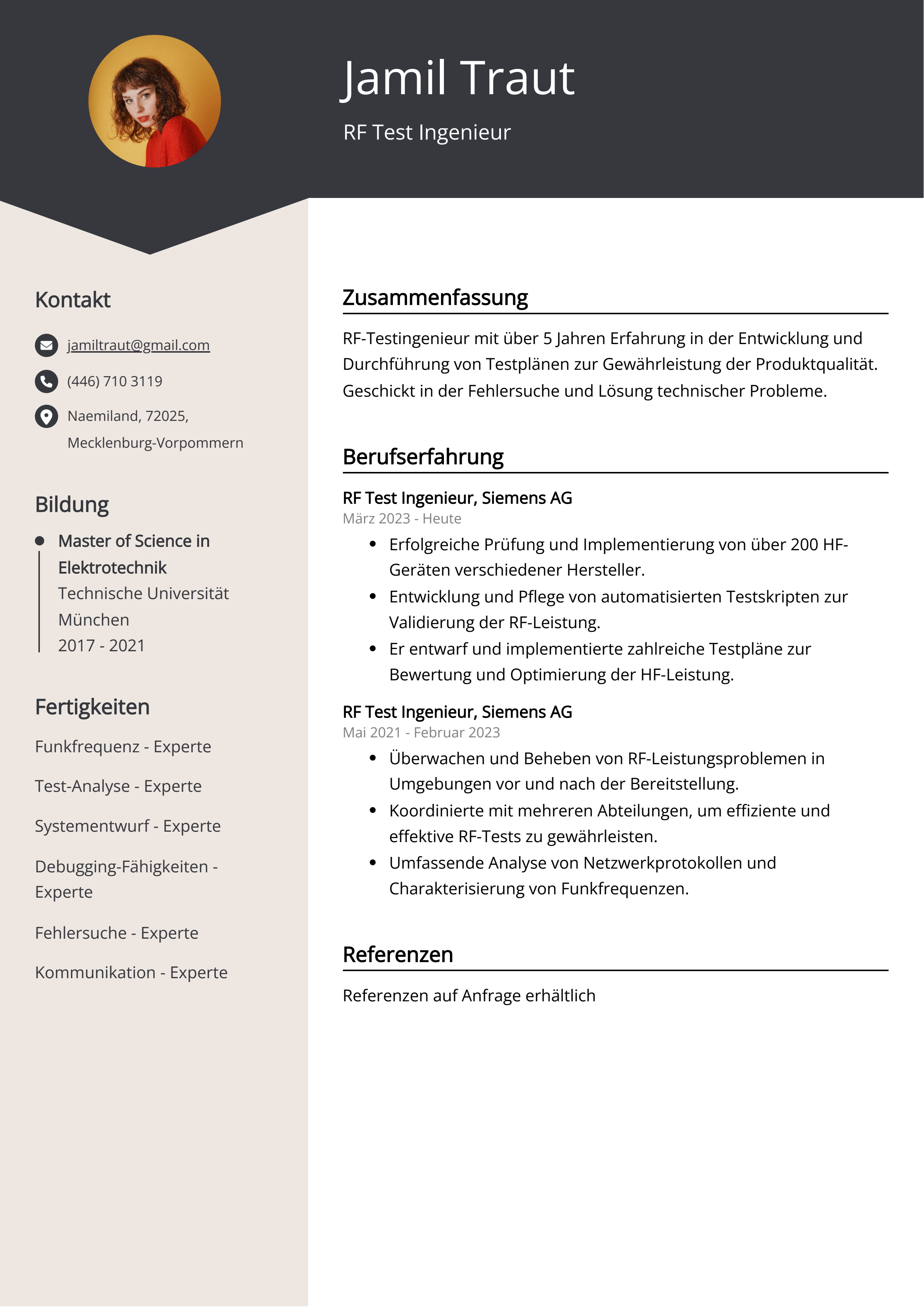 RF Test Ingenieur Lebenslauf Beispiel