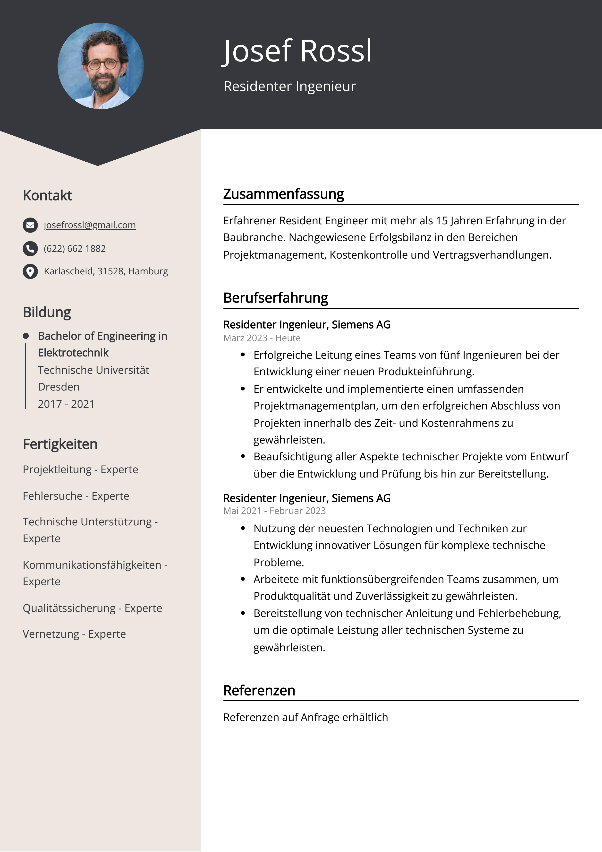 Residenter Ingenieur Lebenslauf Beispiel