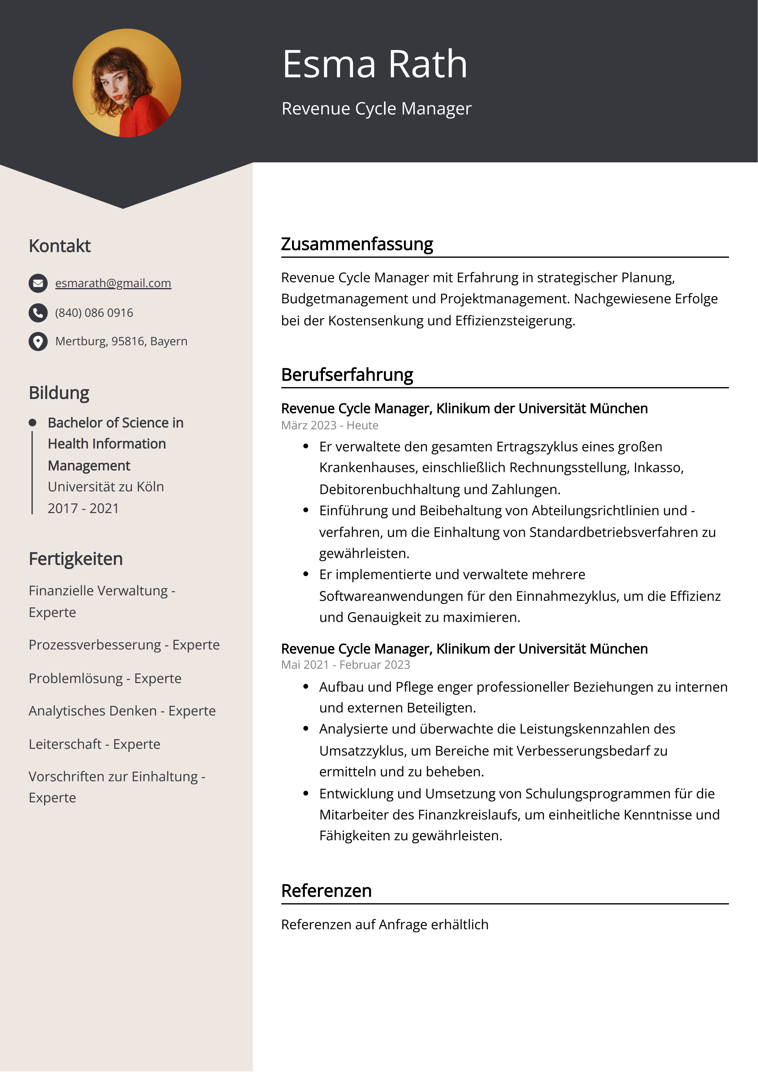 Lebenslauf Beispiel Revenue Cycle Manager