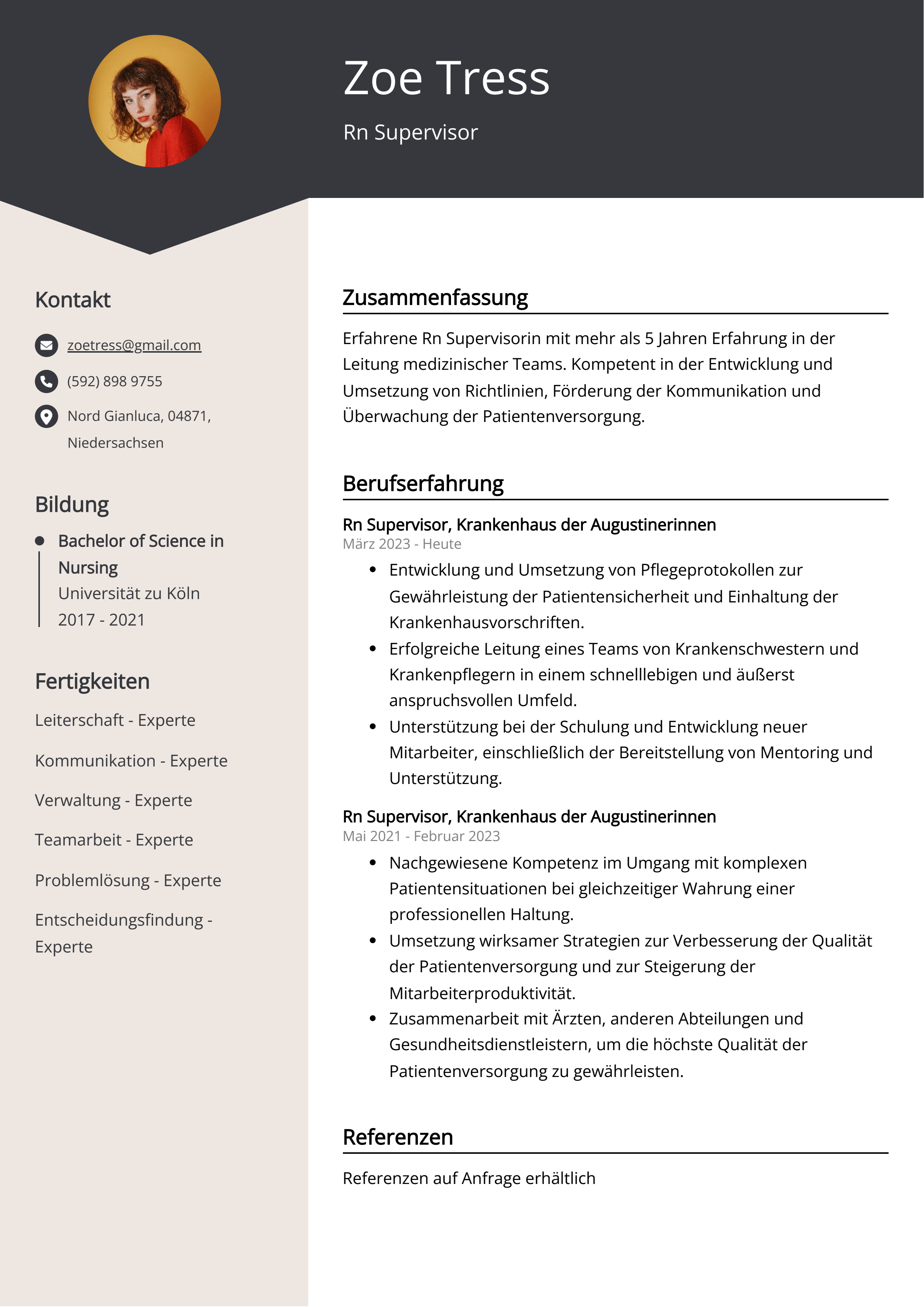 Lebenslauf Beispiel Rn Supervisor