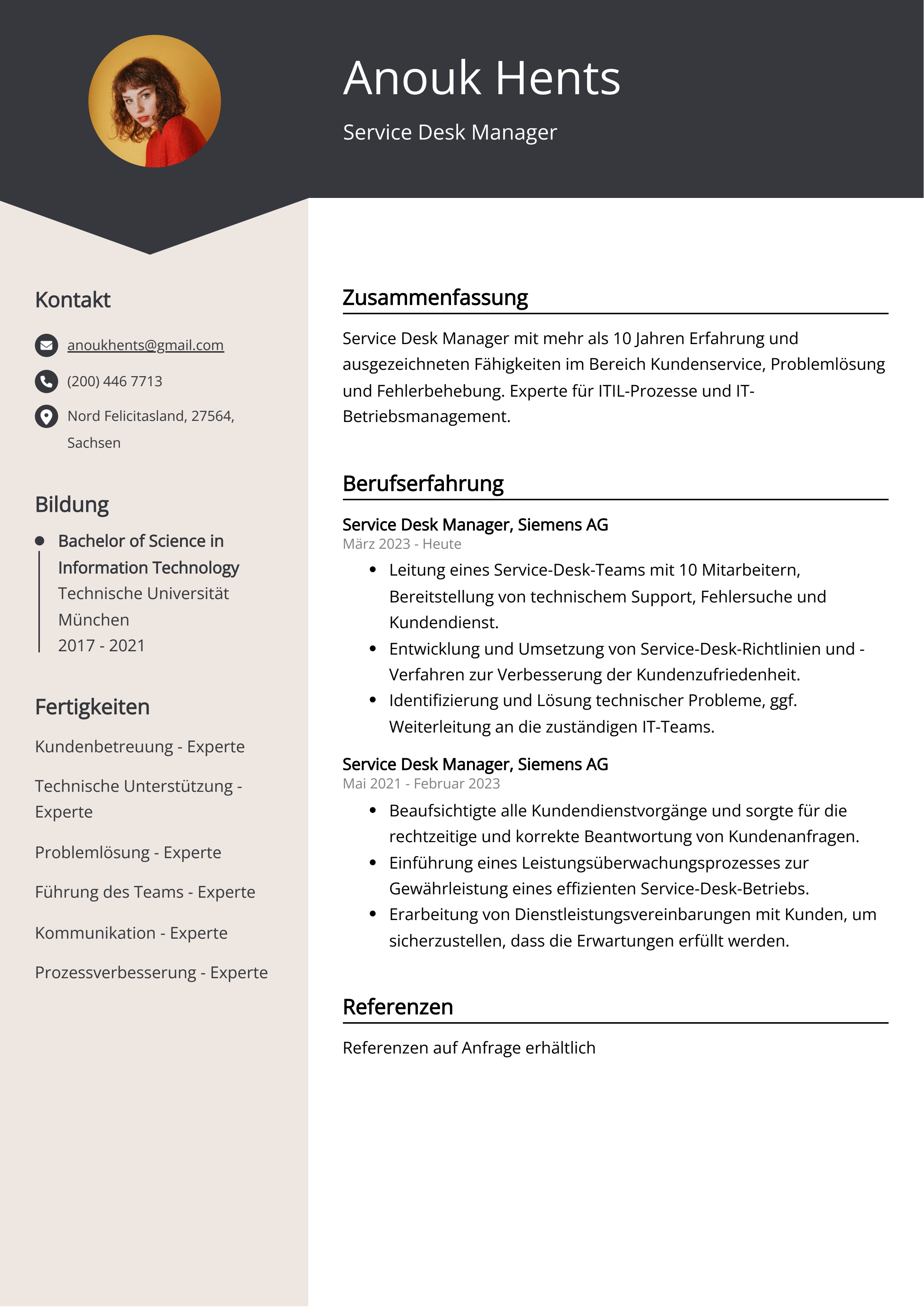 Lebenslauf Beispiel Service Desk Manager