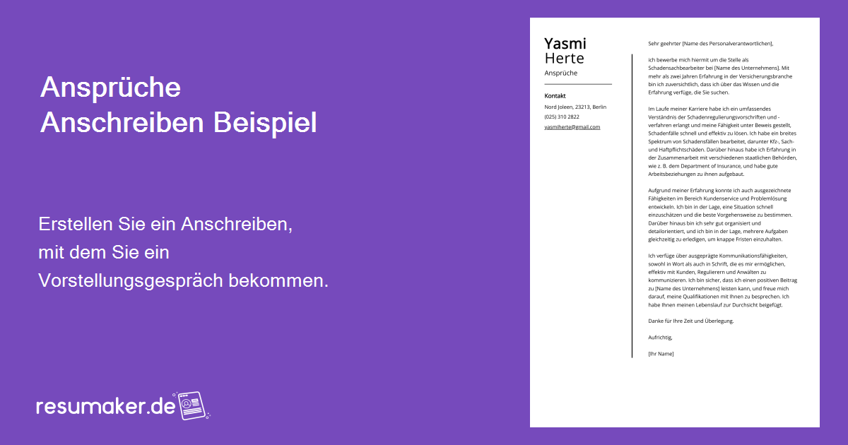 Ansprüche Anschreiben Beispiel für 2024