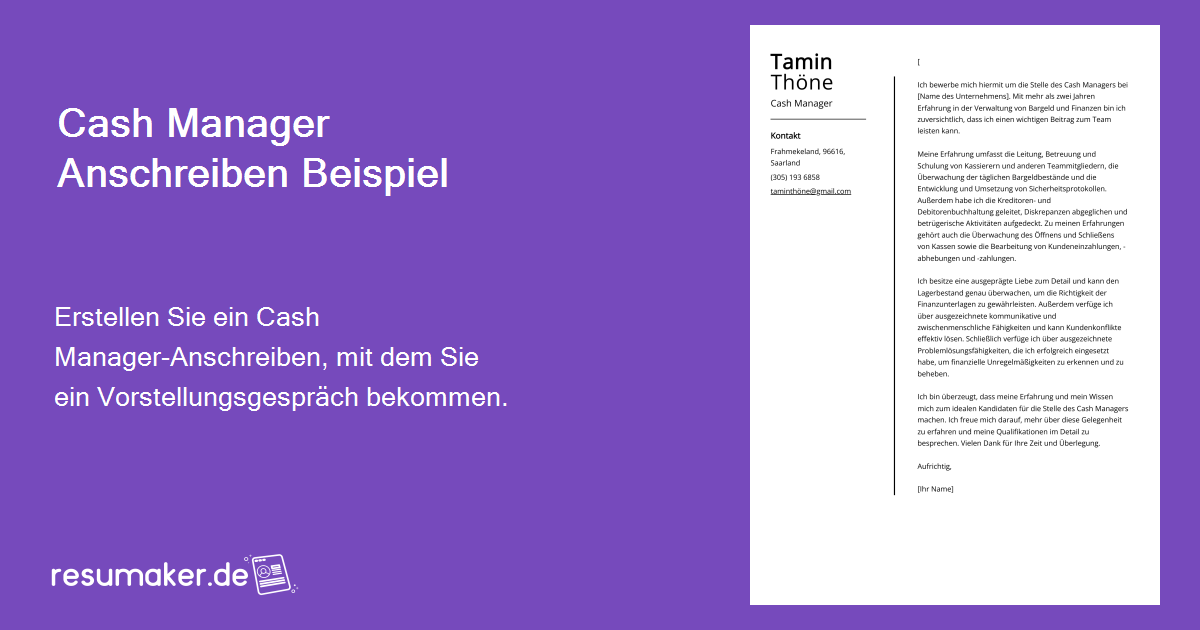 Cash Manager Anschreiben Beispiel für 2025
